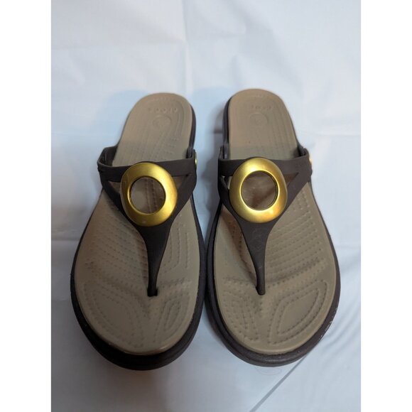 Crocs Sanrah Circle Matte Slide On Sandals Sz 6 Brown Gold - Picture 2 of 10
